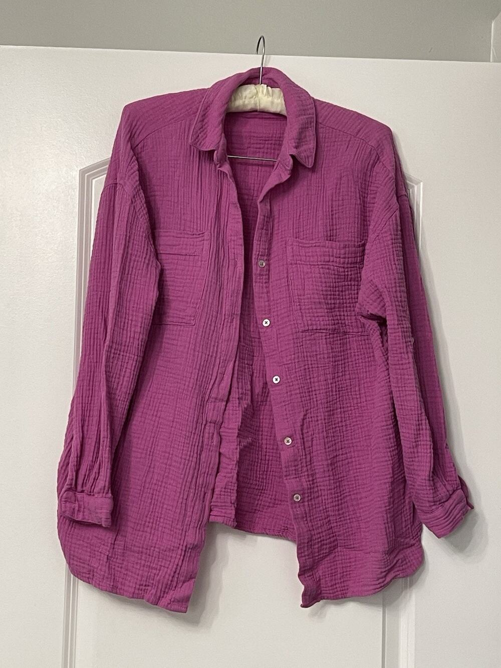 Magaschoni Top Women Small P Pink Organic Cotton Gauze Button Down Long Sleeve